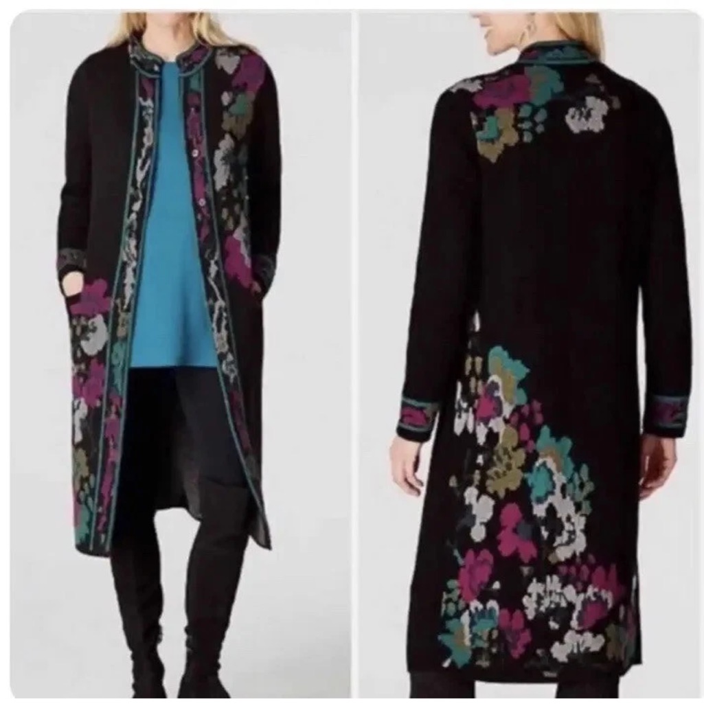 7896.Floral Long Black Cardigan Trailing Flowers Jacaquard Sweater Coat Topper